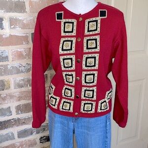 VINTAGE Red Cotton Blend Gold Beads & Buttons Cardigan Sweater Size Medium